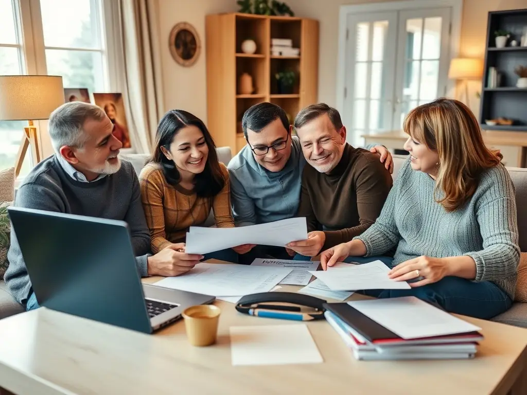 A family is happily gathered in their modern living room, planning their financial future with confidence and security, symbolizing wealth management.