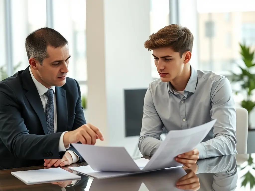 A professional financial advisor is sitting at a desk, reviewing investment portfolios with a client in a modern office setting, emphasizing trust and expertise.